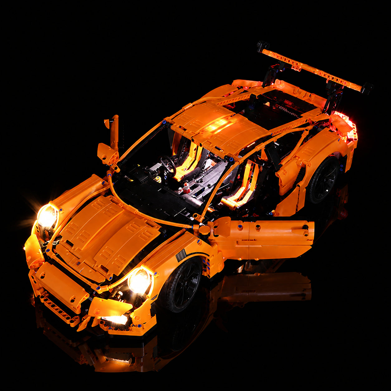 front view fully lit: Bright My Bricks custom LED lighting for LEGO® Technic Porsche 911 GT3 RS #42056