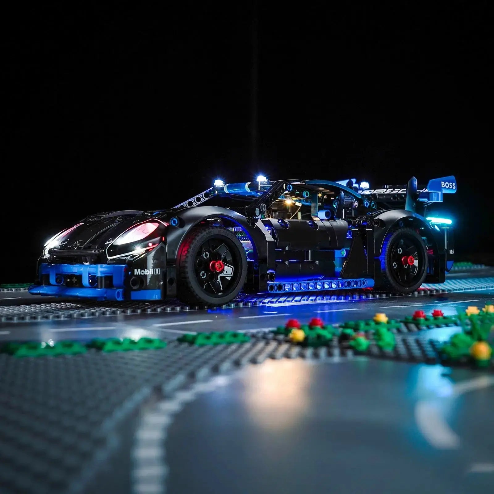 LEGO® Technic Porsche GT4 e-Performance Race Car #42176 brightened interior detail, with the RGB LED light kit
