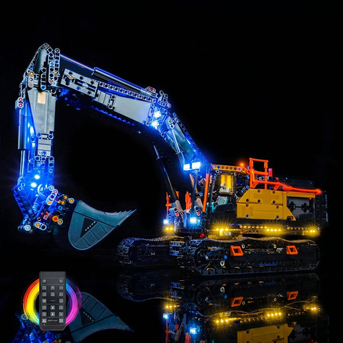 RGB LED light kit for LEGO® Technic Volvo EC500 Hybrid Excavator #42215, illuminated at night