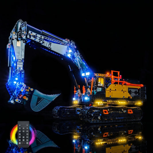 RGB LED light kit for LEGO® Technic Volvo EC500 Hybrid Excavator #42215, illuminated at night