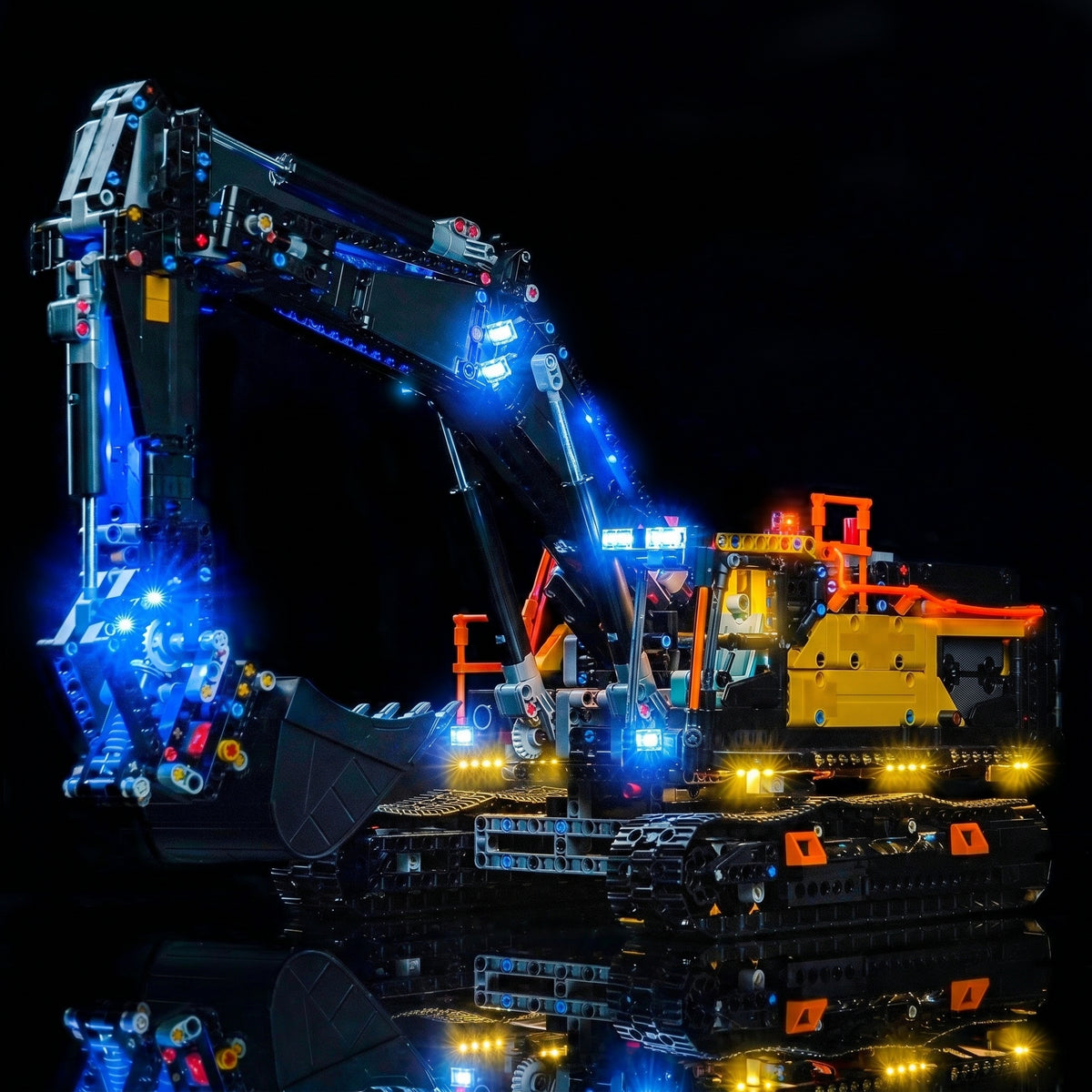 Bright My Bricks DIY LED light kit for LEGO® Technic Volvo EC500 Hybrid Excavator #42215 — fully illuminated on display