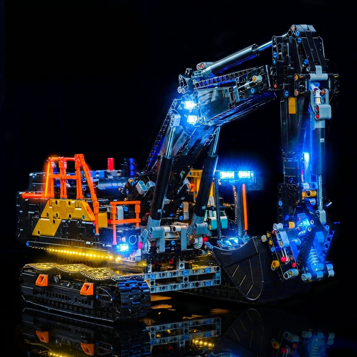 LEGO® Technic Volvo EC500 Hybrid Excavator #42215 before-and-after lighting, with the RGB LED light kit