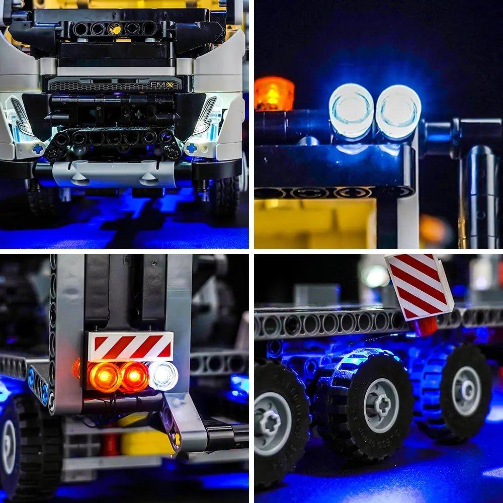 LEGO® Technic Volvo FMX Truck & EC230 Electric Excavator #42175 before-and-after lighting, with the display light kit