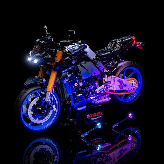 LEGO® Technic Yamaha MT-10 SP #42159 before-and-after lighting, with the premium LED light kit