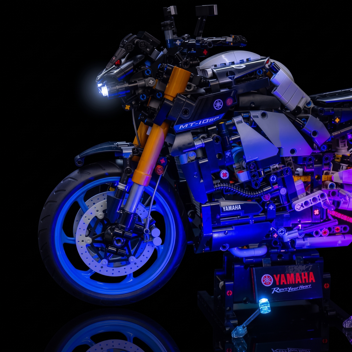 Bright My Bricks LED light kit for LEGO® Technic Yamaha MT-10 SP #42159 — display lighting in a dark room