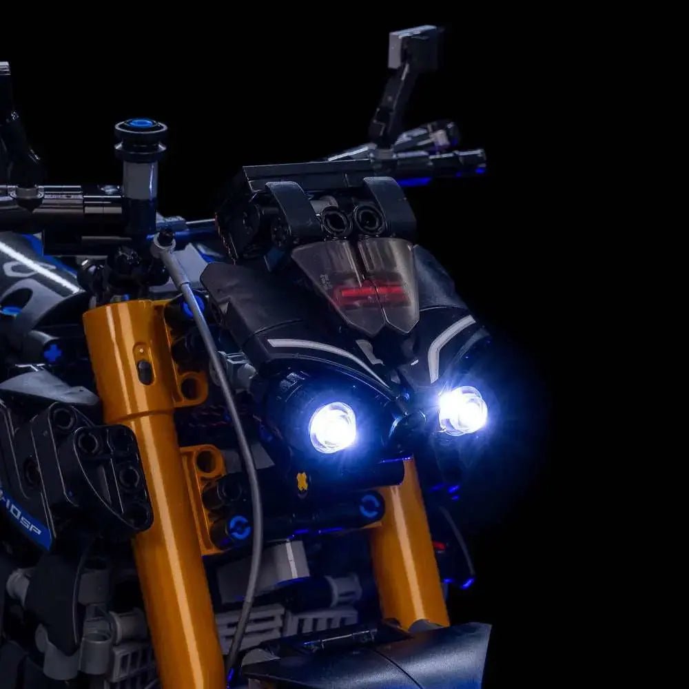 LEGO® Technic Yamaha MT-10 SP #42159 display lighting in a dark room, with the USB-powered LED light kit