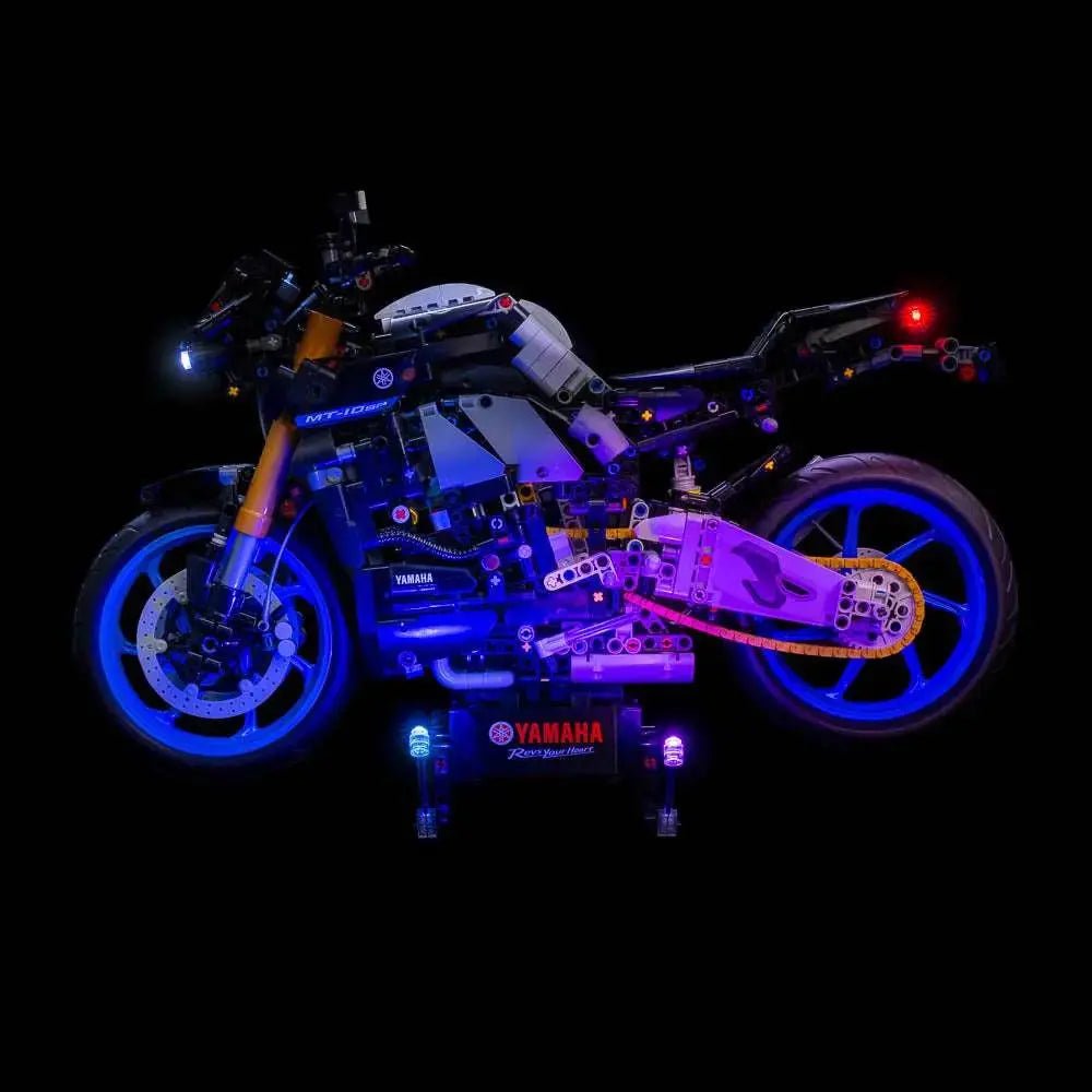 LEGO® Technic Yamaha MT-10 SP #42159 — side angle with lights on (LED lighting kit)