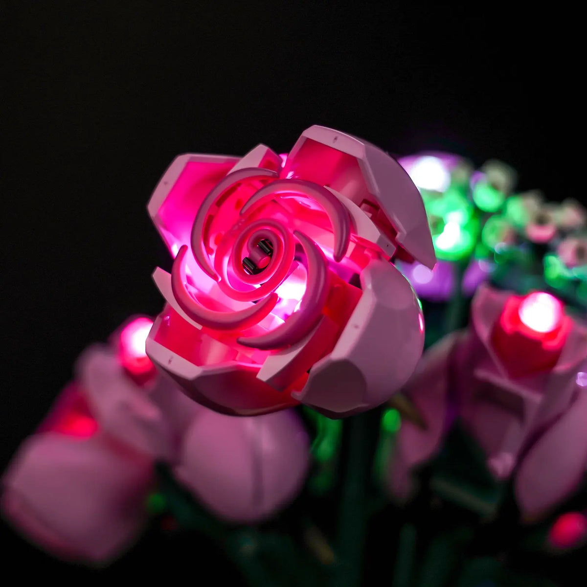 LEGO® The Botanical Collection Bouquet of Pink Roses #10374 side angle with lights on, with the light kit