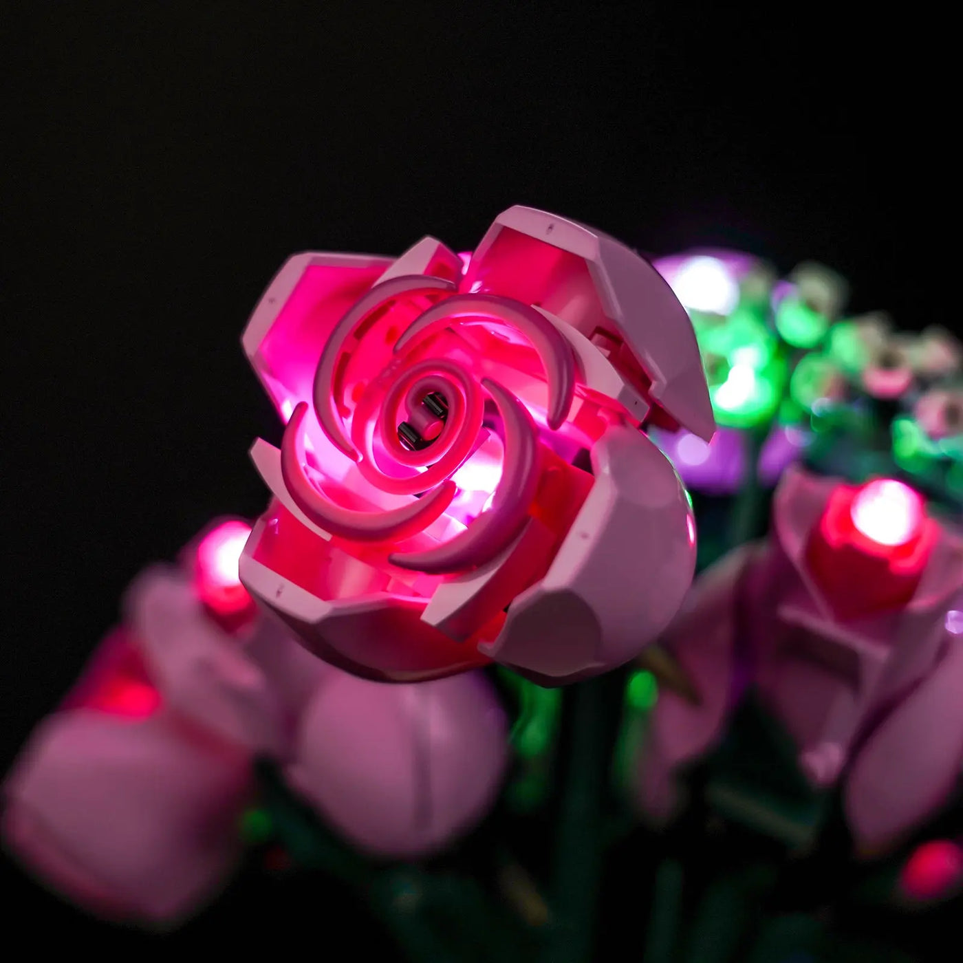 LEGO® The Botanical Collection Bouquet of Pink Roses #10374 side angle with lights on, with the light kit