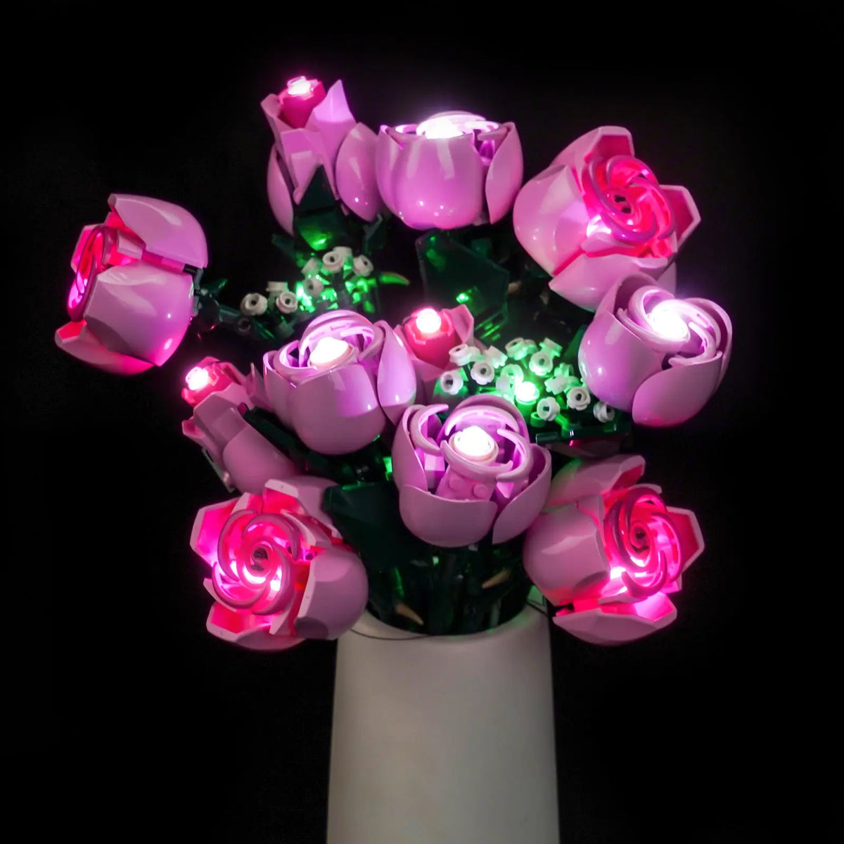 front view fully lit: Bright My Bricks premium LED light kit for LEGO® The Botanical Collection Bouquet of Pink Roses #10374