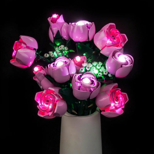 front view fully lit: Bright My Bricks premium LED light kit for LEGO® The Botanical Collection Bouquet of Pink Roses #10374