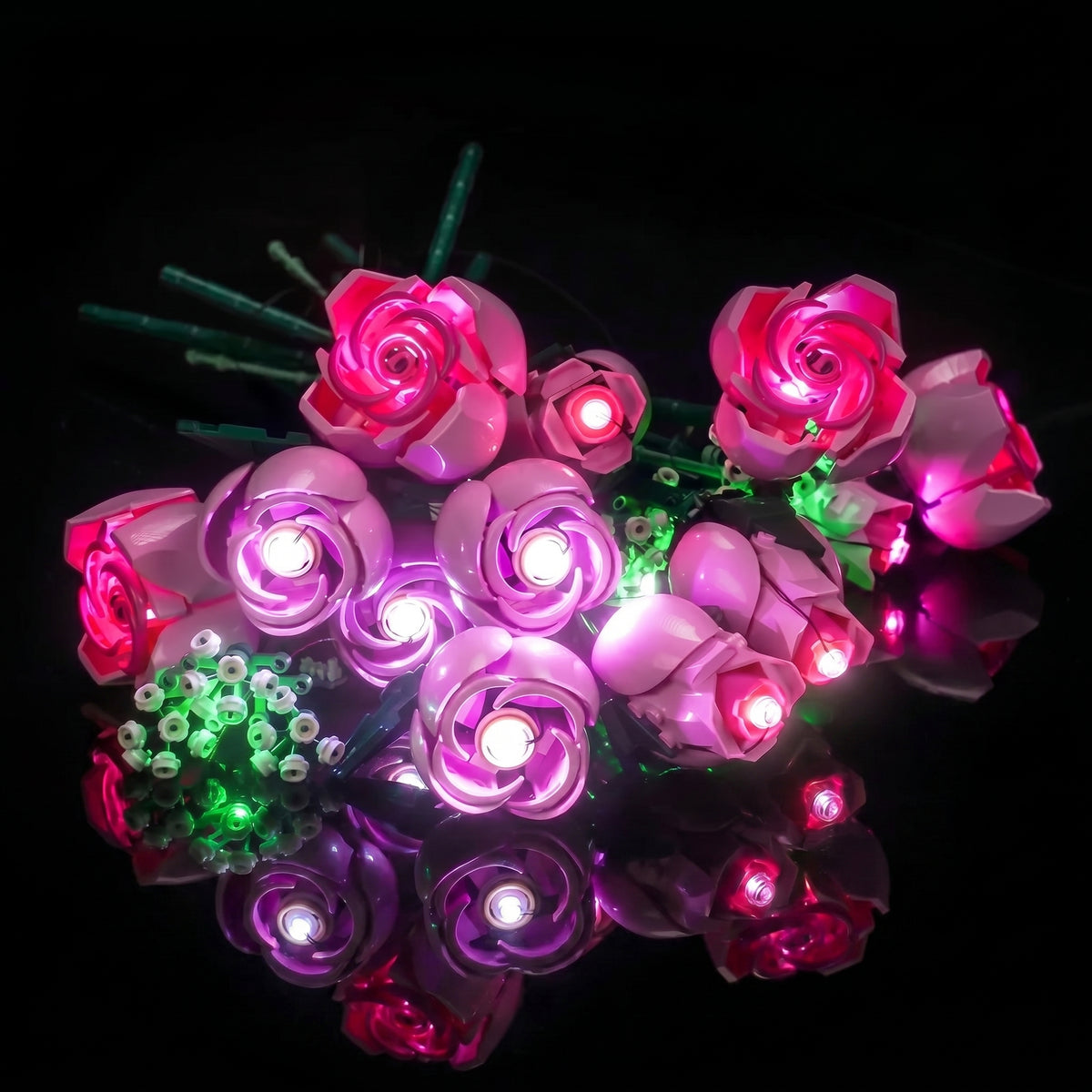 LEGO® The Botanical Collection Bouquet of Pink Roses #10374 — LED strips and bricks detail (USB-powered LED light kit)