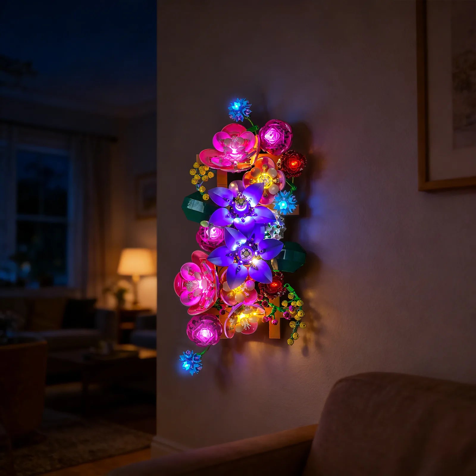 LEGO The Botanical Collection Flower Wall #11503 illuminated at night