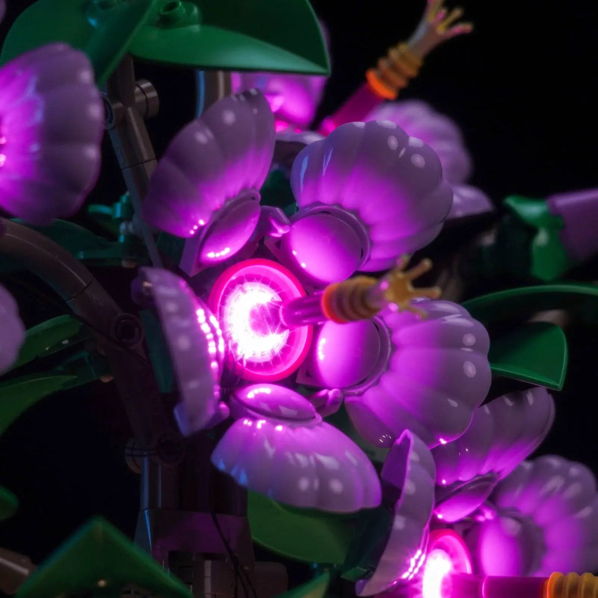 LEGO® The Botanical Collection Hibiscus #10372 front view fully lit, with the DIY LED light kit