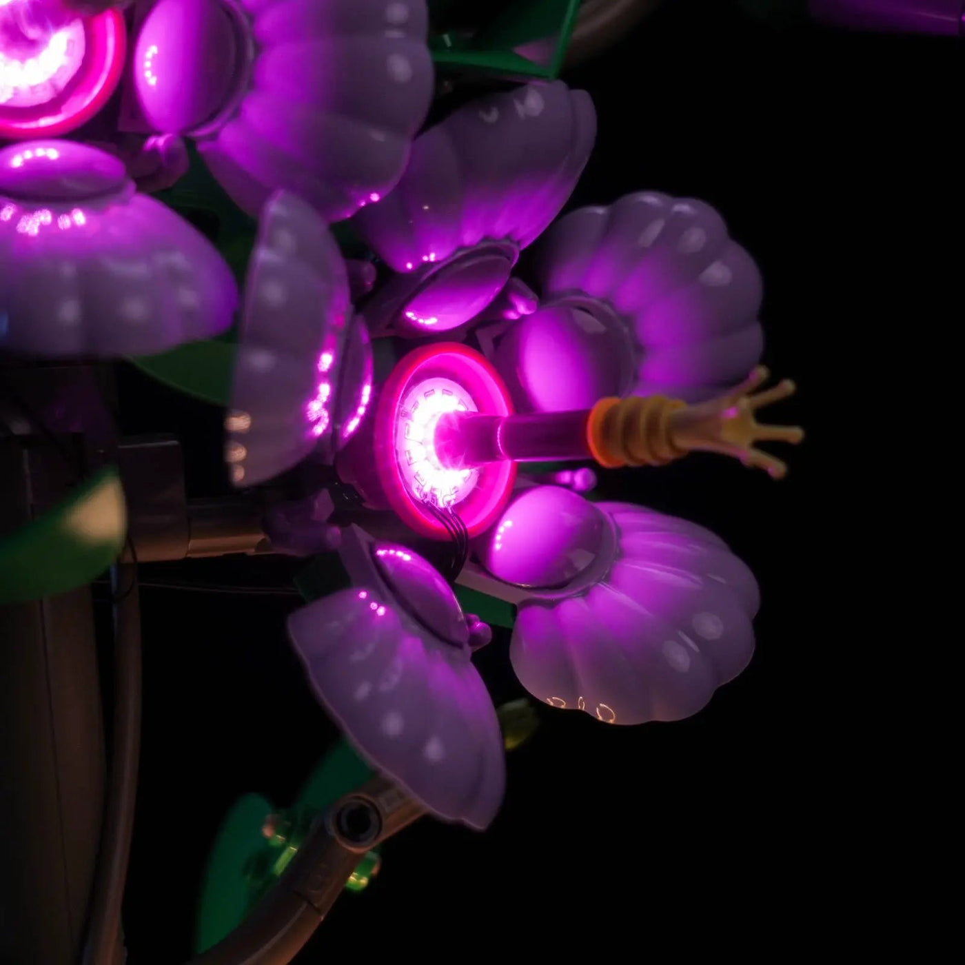 DIY LED light kit for LEGO® The Botanical Collection Hibiscus #10372, illuminated at night