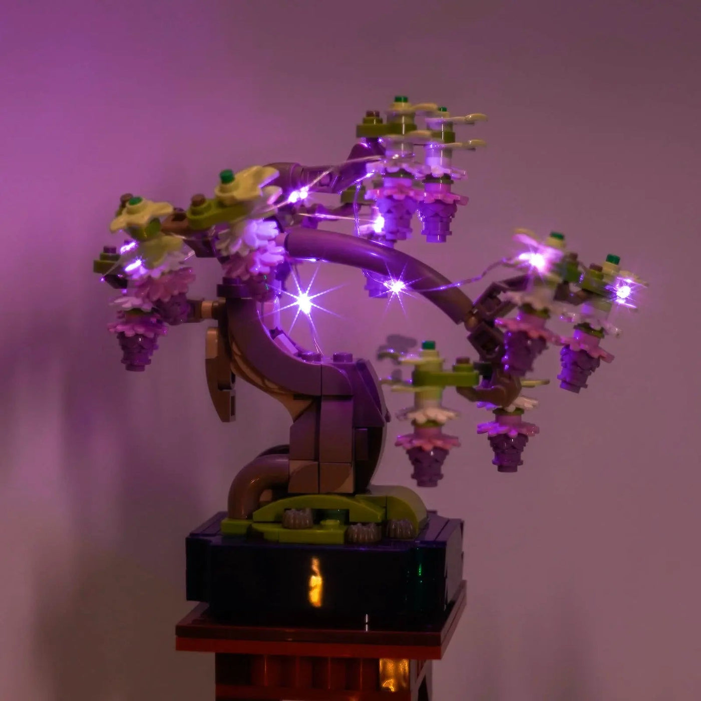 LEGO® The Botanical Collection Mini Bonsai Trees #10373 front view fully lit, with the LED lighting kit