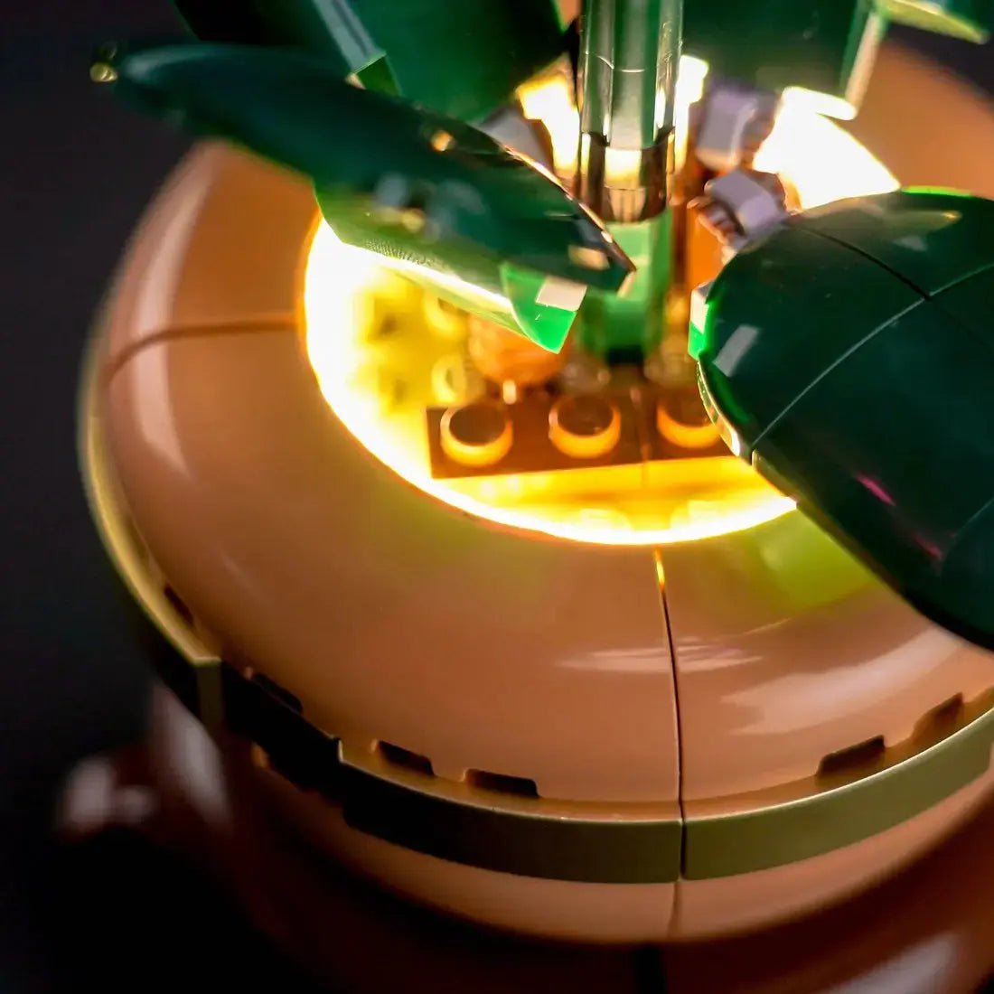 LEGO® The Botanical Collection Mini Orchid #10343 display lighting in a dark room, with the premium LED light kit
