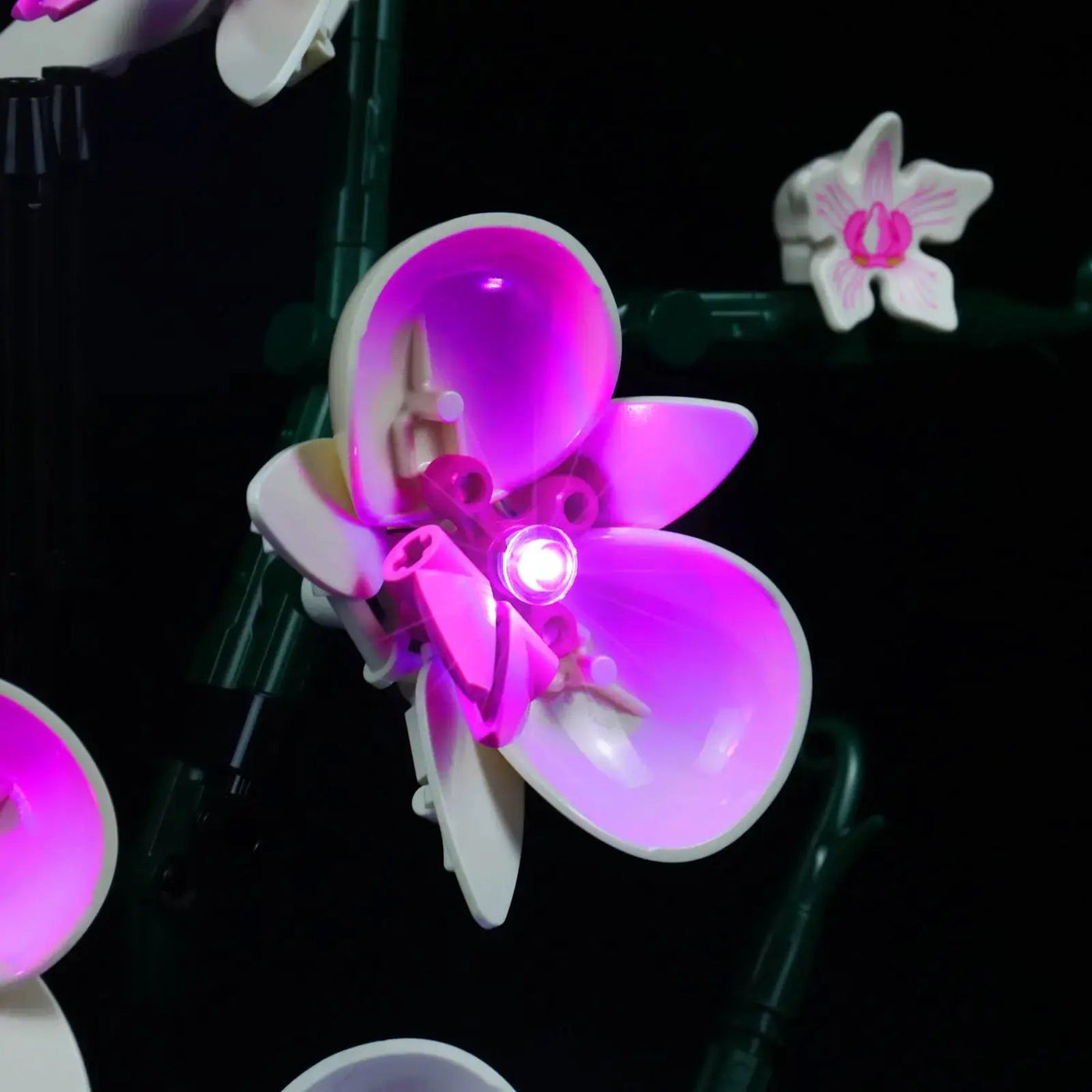 custom LED lighting for LEGO® The Botanical Collection Orchid #10311, installed and glowing