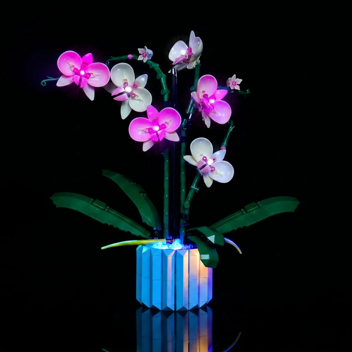 LEGO® The Botanical Collection Orchid #10311 installed and glowing, with the light kit