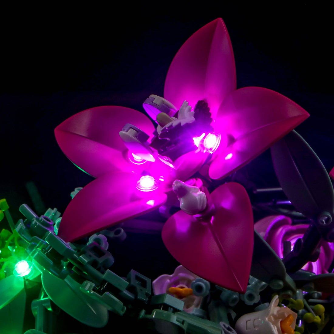premium LED light kit for LEGO® The Botanical Collection Pretty Pink Flower Bouquet #10342, showcase lighting view