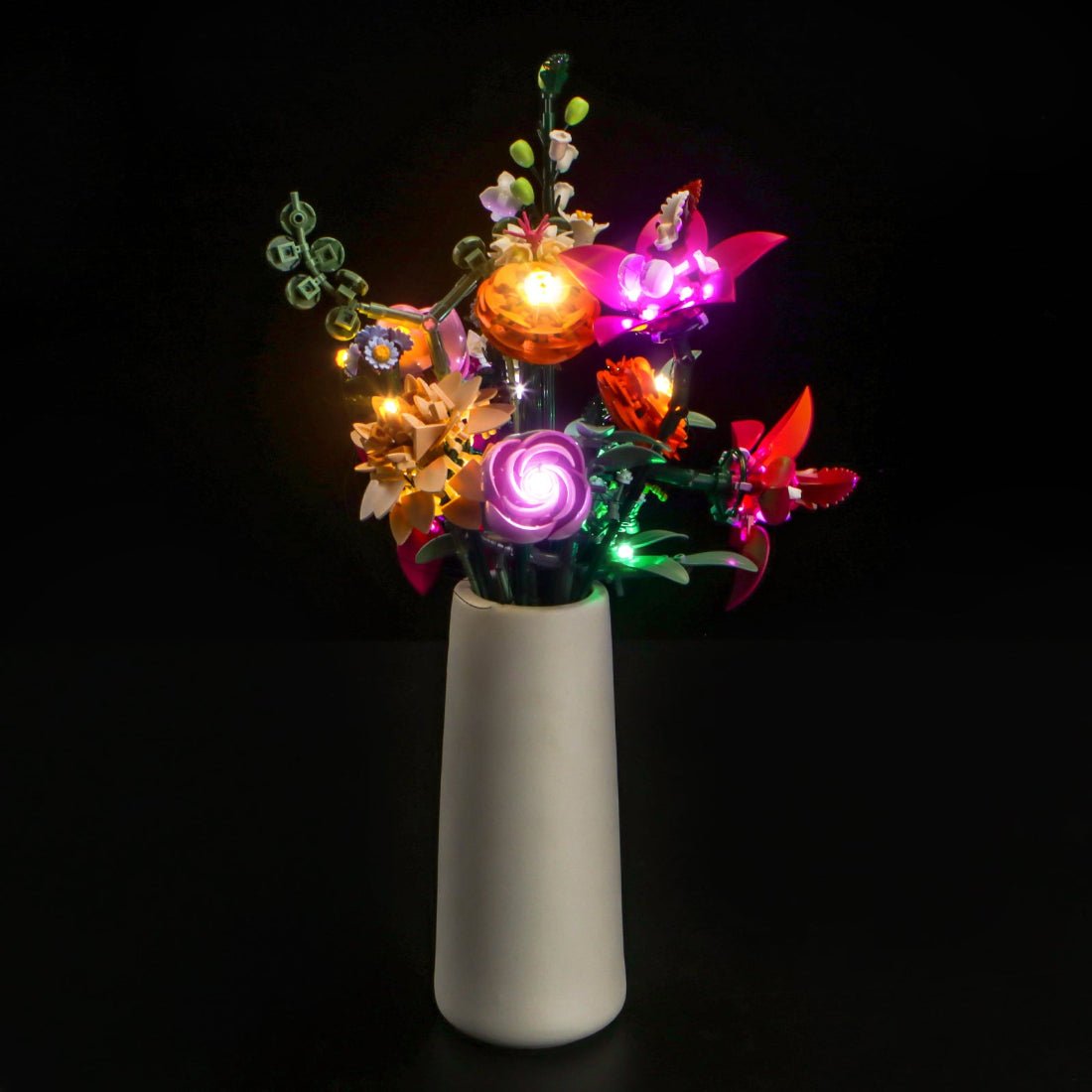 front view fully lit: Bright My Bricks LED light kit for LEGO® The Botanical Collection Pretty Pink Flower Bouquet #10342