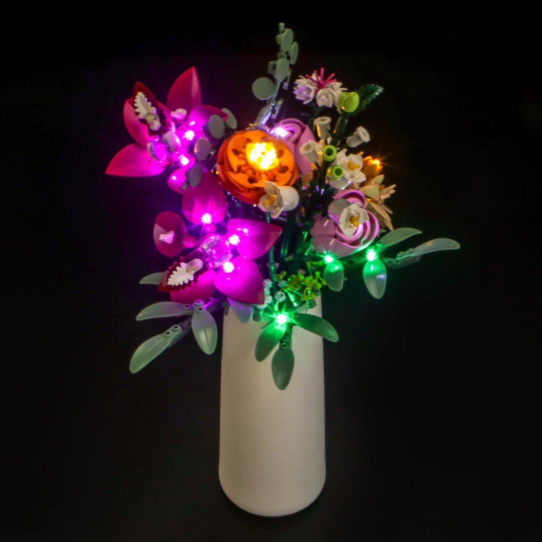 LED kit powered on: Bright My Bricks display light kit for LEGO® The Botanical Collection Pretty Pink Flower Bouquet #10342