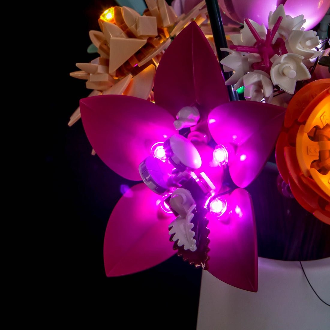 LEGO® The Botanical Collection Pretty Pink Flower Bouquet #10342 — installed and glowing (custom LED lighting)