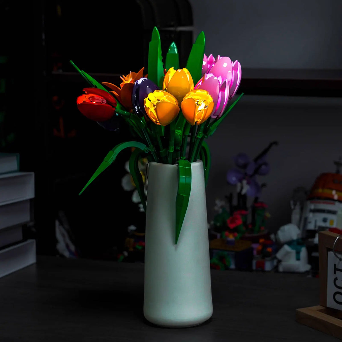 front view fully lit: Bright My Bricks USB-powered LED light kit for LEGO® The Botanical Collection Tulip Bouquet #11501