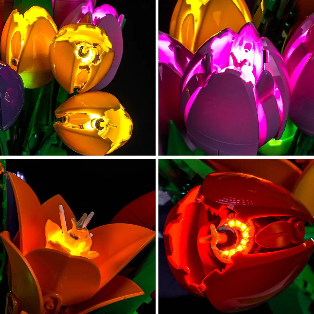 LEGO® The Botanical Collection Tulip Bouquet #11501 illuminated at night, with the USB-powered LED light kit