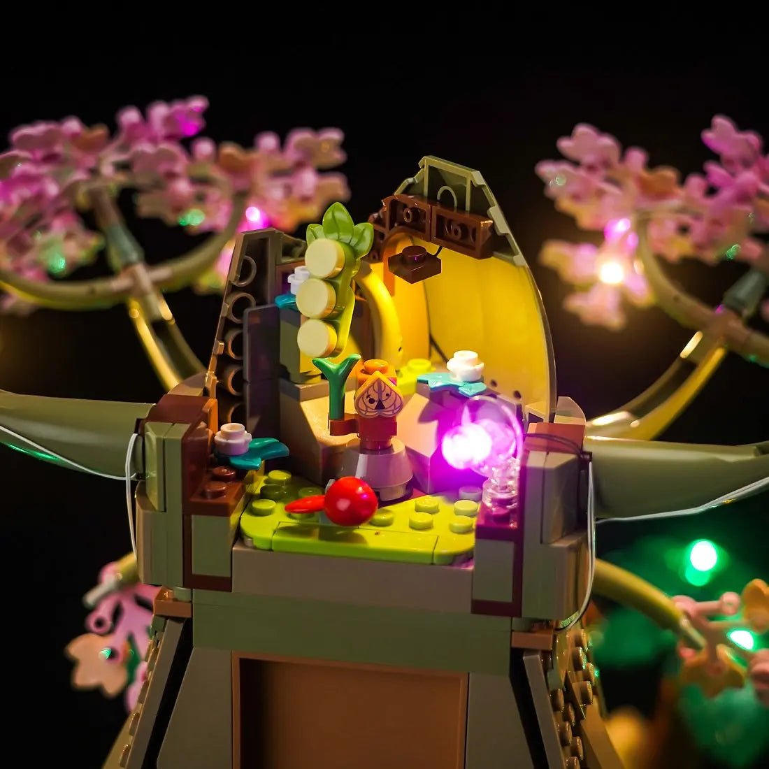LEGO® The Legend of Zelda Great Deku Tree 2-in-1 #77092 installed and glowing, with the DIY LED light kit