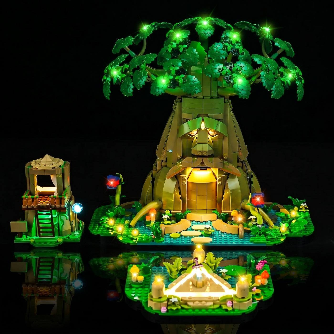 LEGO® The Legend of Zelda Great Deku Tree #77092 lighting effect on the build, with the USB-powered LED light kit