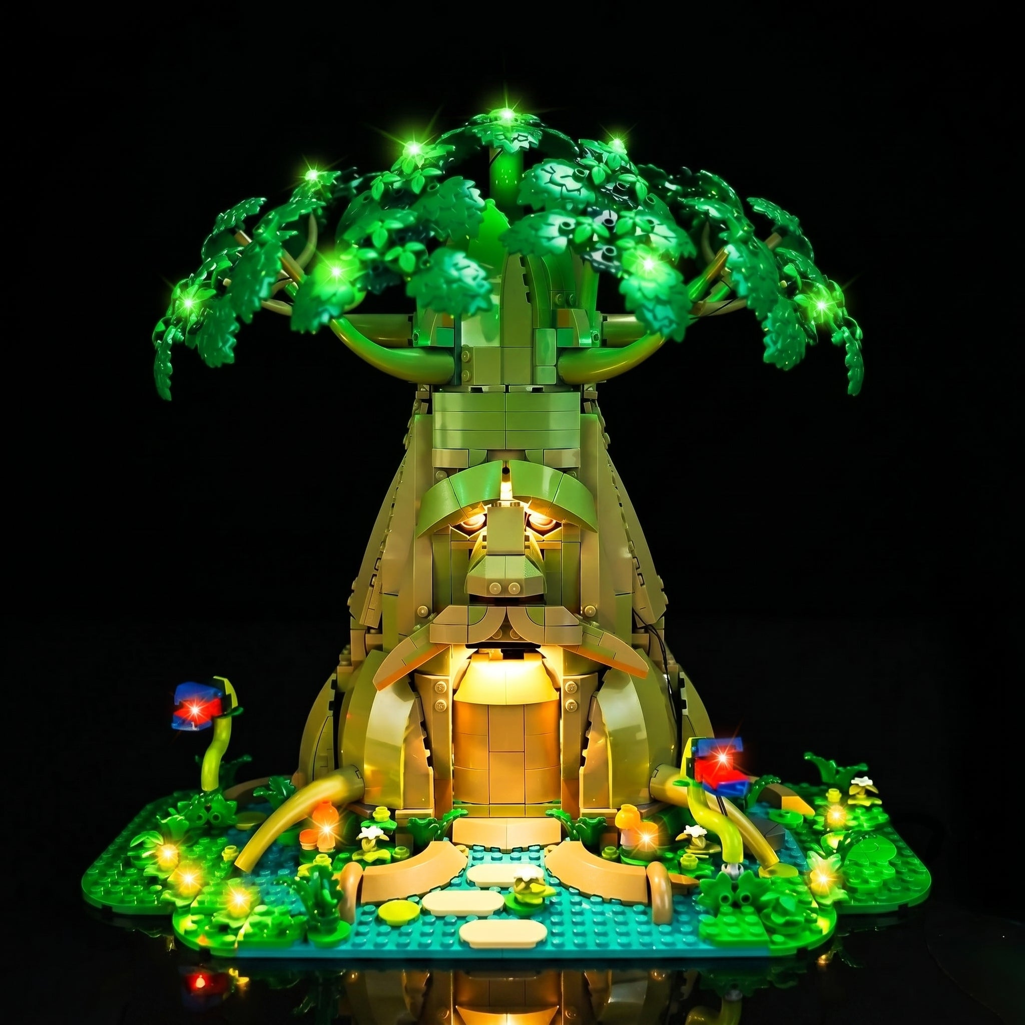 LEGO® The Legend of Zelda Great Deku Tree #77092 front view fully lit, with the LED lights