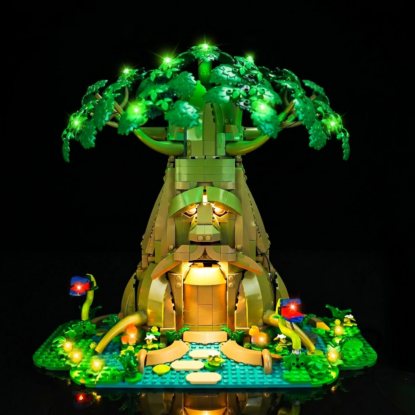 LEGO® The Legend of Zelda Great Deku Tree #77092 front view fully lit, with the LED lights
