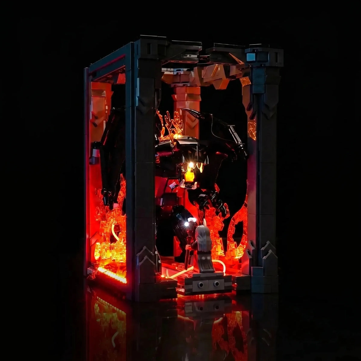 LEGO® The Lord of the Rings: Balrog Book Nook #10367 installed and glowing, with the display light kit