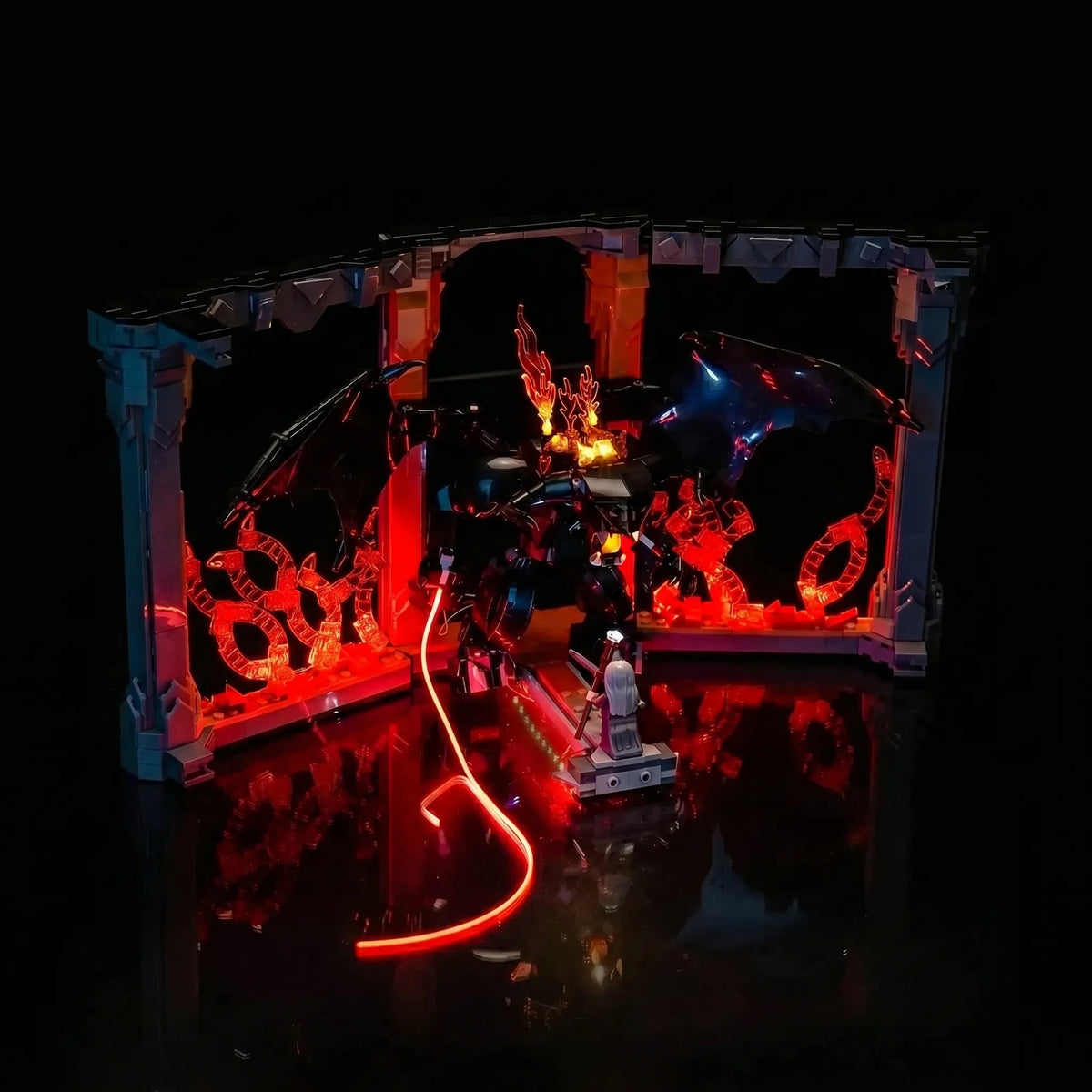 LEGO® The Lord of the Rings: Balrog Book Nook #10367 before-and-after lighting, with the LED light kit