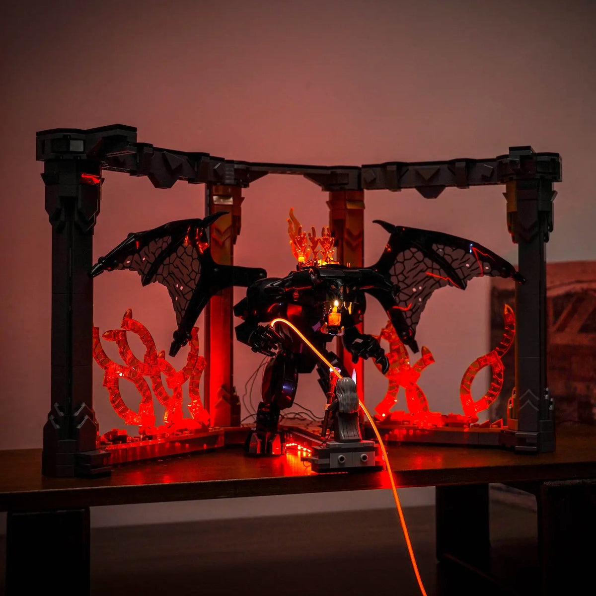 LEGO® The Lord of the Rings: Balrog Book Nook #10367 warm LED glow detail, with the USB-powered LED light kit