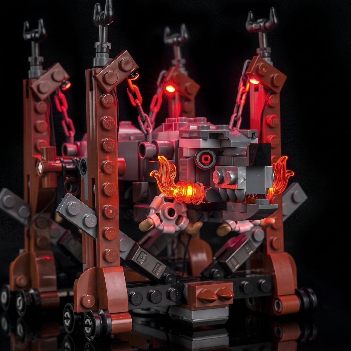 Low front view of the orange-lit head above the wheels and front axle — LEGO® Grond #40893, LED light kit