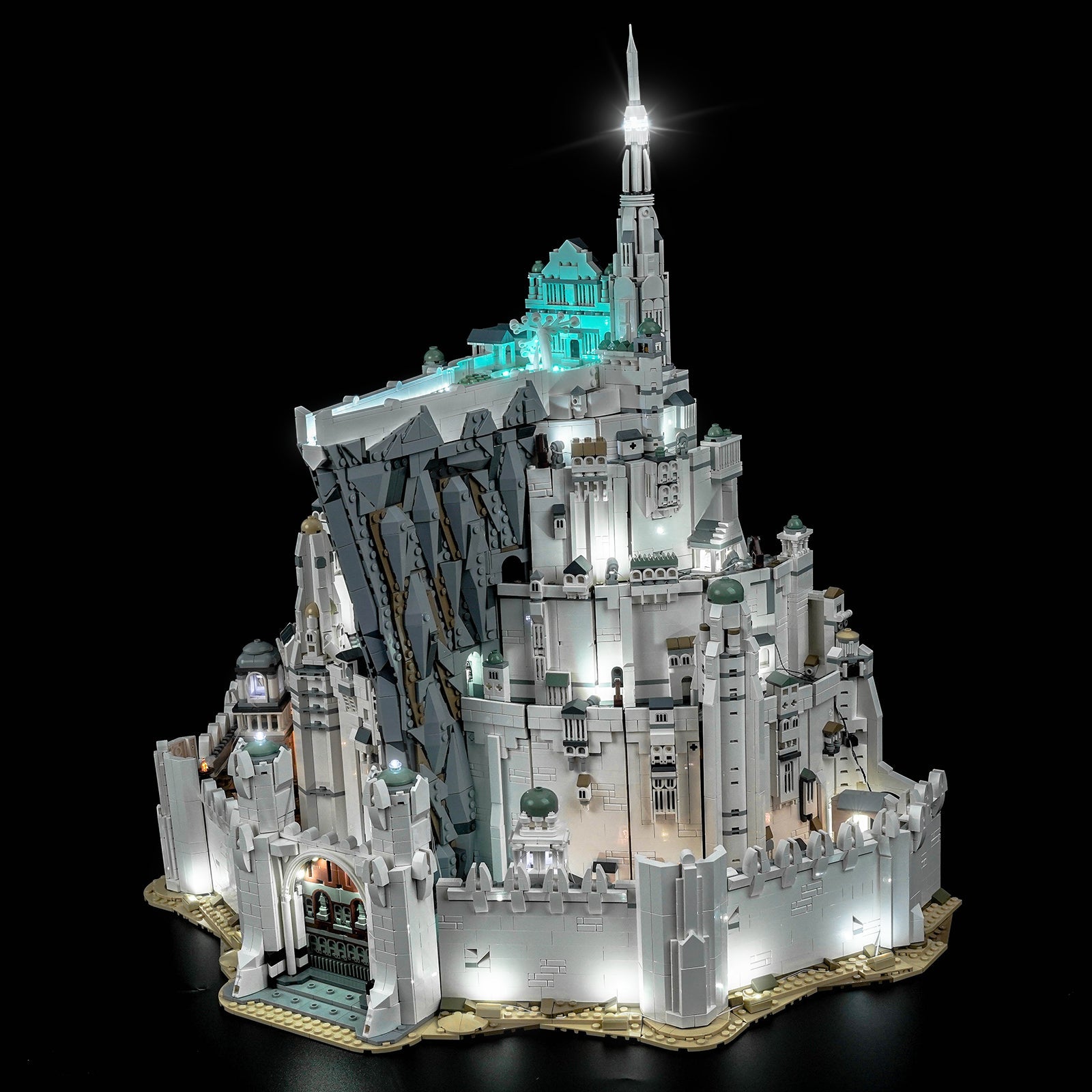 LEGO® The Lord of the Rings: Minas Tirith #11377 illuminated at night, with the LED light kit