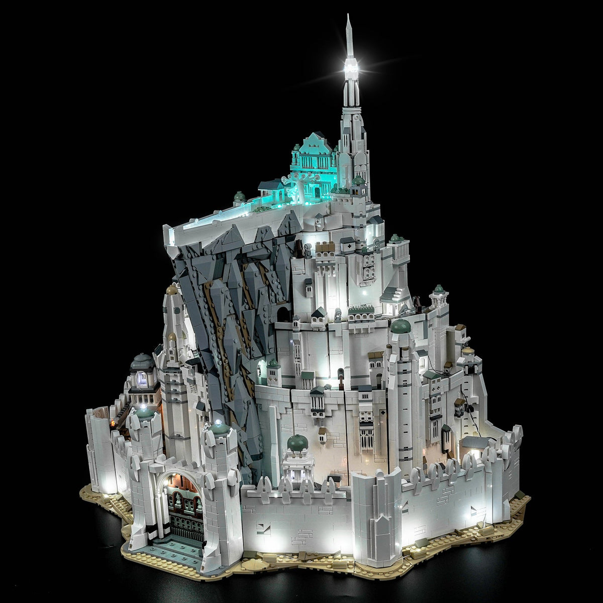 LEGO® The Lord of the Rings: Minas Tirith #11377 illuminated at night, with the LED light kit