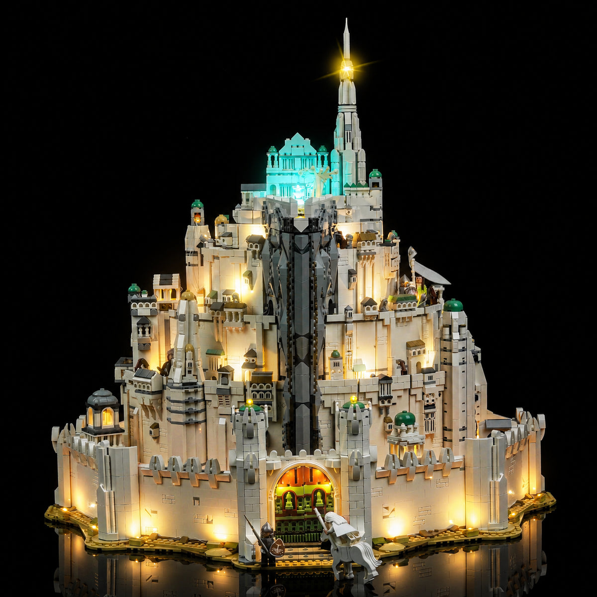 LEGO® The Lord of the Rings: Minas Tirith #11377 showcase lighting view, with the display light kit