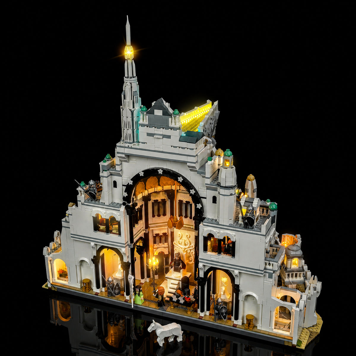 LEGO® The Lord of the Rings: Minas Tirith #11377 display lighting in a dark room, with the premium LED light kit