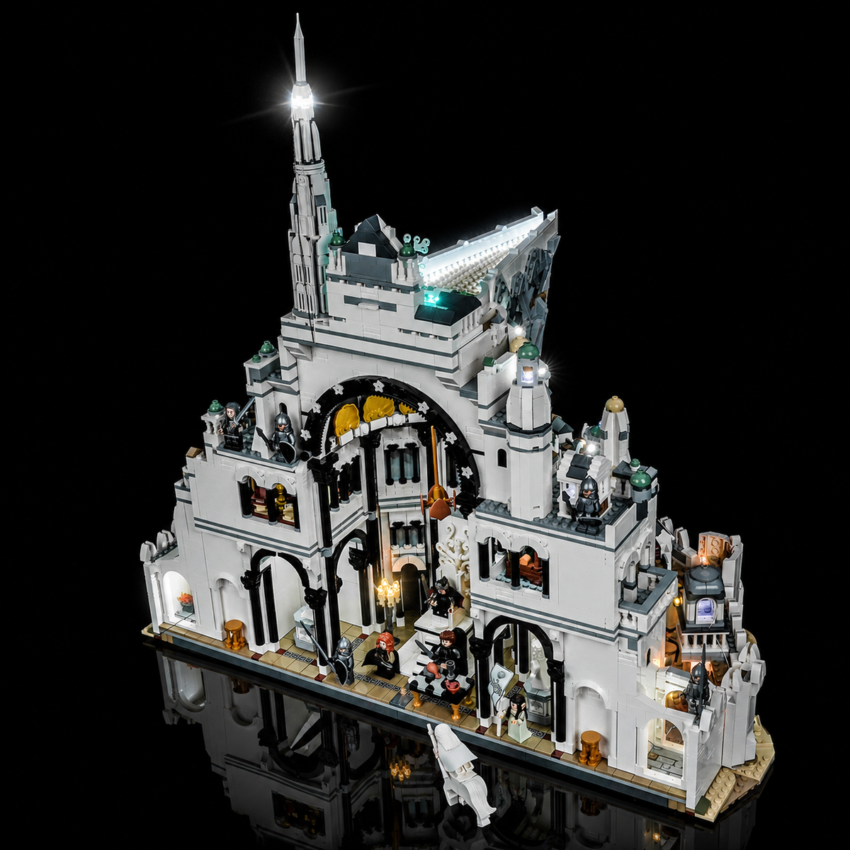 LEGO® The Lord of the Rings: Minas Tirith #11377 Holy Light variant, illuminated with Bright My Bricks LED kit — radiant beam detail