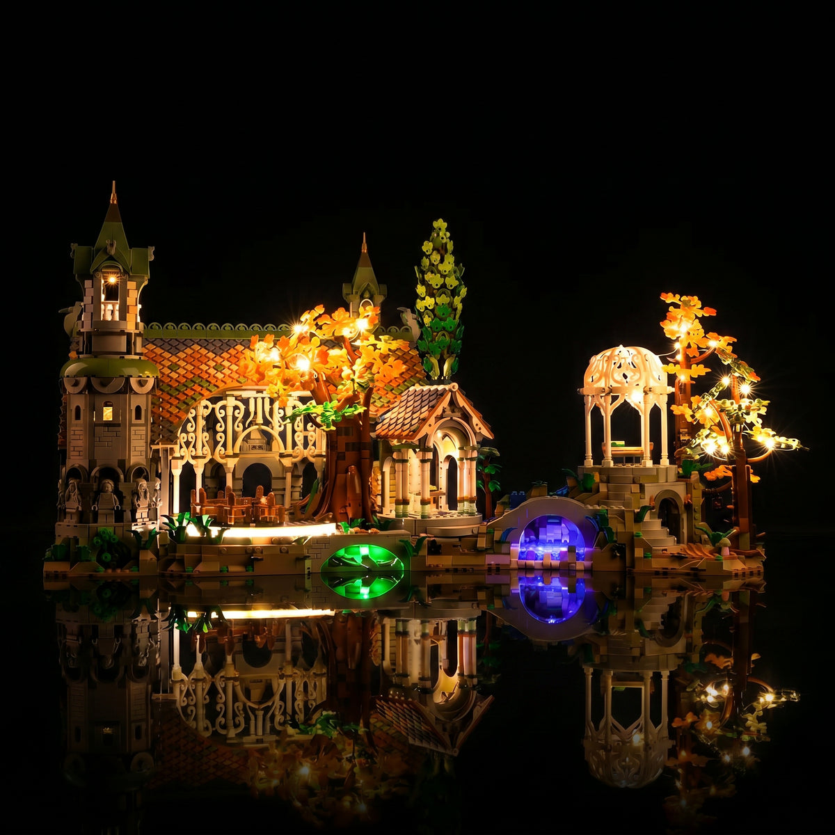 custom LED lighting for LEGO® The Lord Of The Rings: Rivendell #10316, display lighting in a dark room