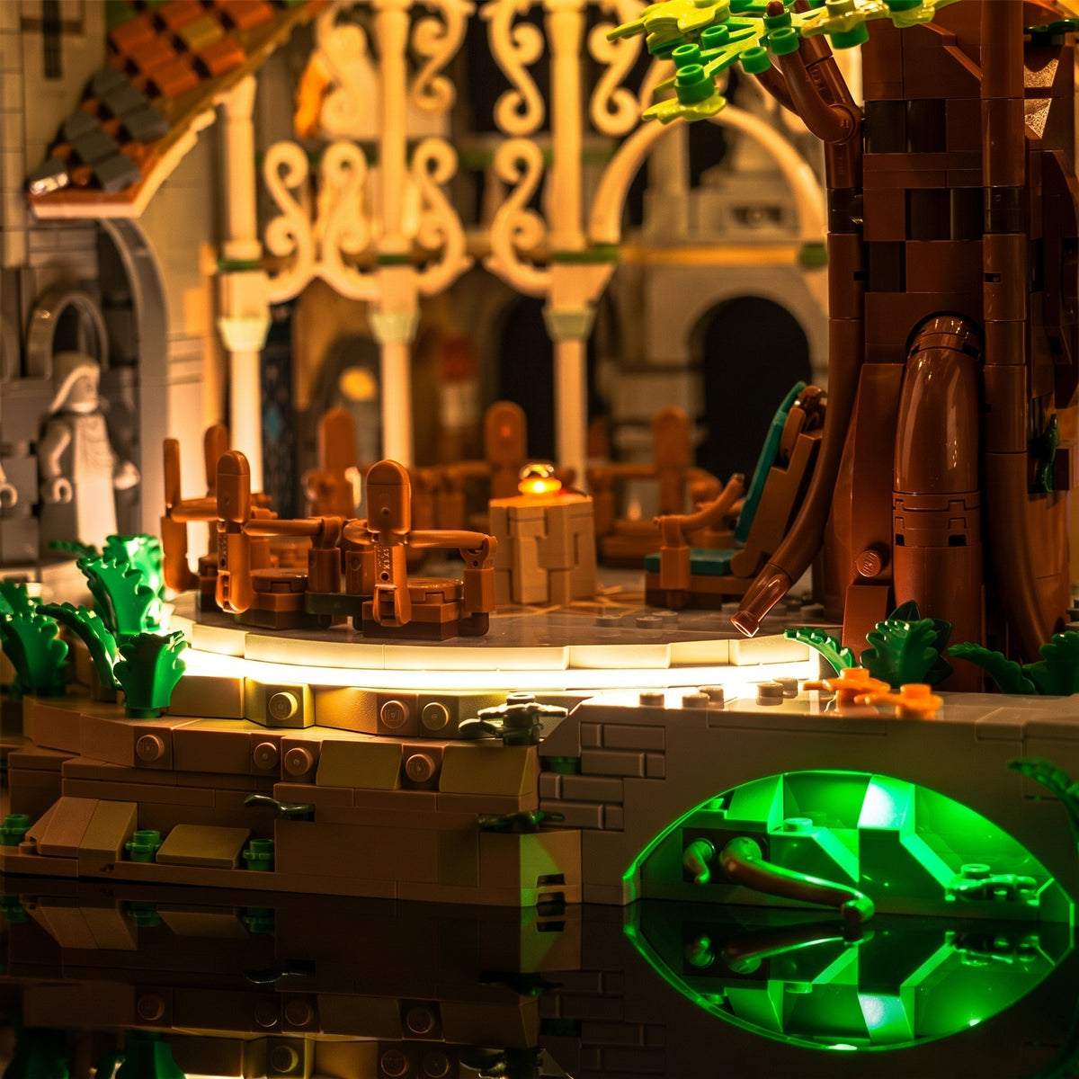 USB-powered LED light kit for LEGO® The Lord Of The Rings: Rivendell #10316, illuminated at night