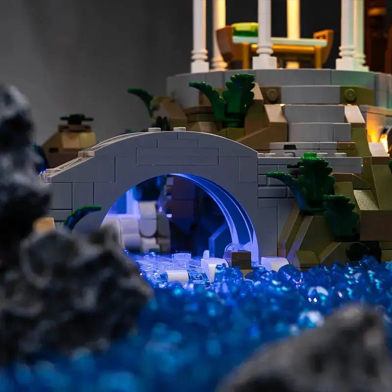 LEGO® The Lord Of The Rings: Rivendell #10316 display lighting in a dark room, with the LED lighting kit