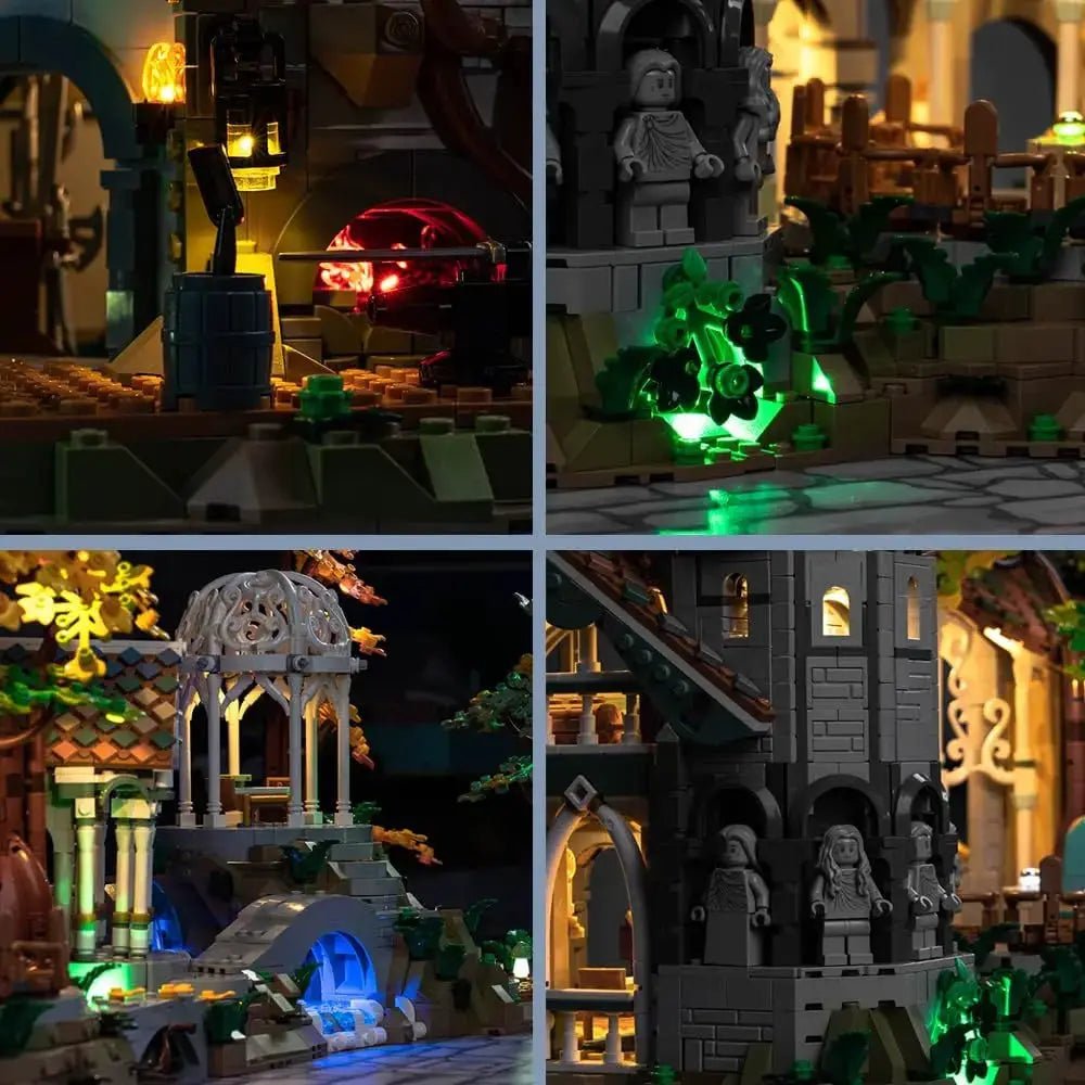 DIY LED light kit for LEGO® The Lord Of The Rings: Rivendell #10316, front view fully lit