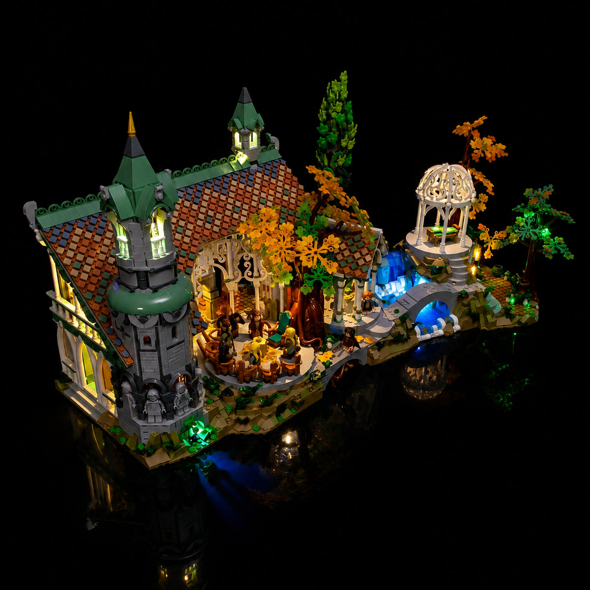 Bright My Bricks custom LED lighting for LEGO® The Lord Of The Rings: Rivendell #10316 — lighting effect on the build