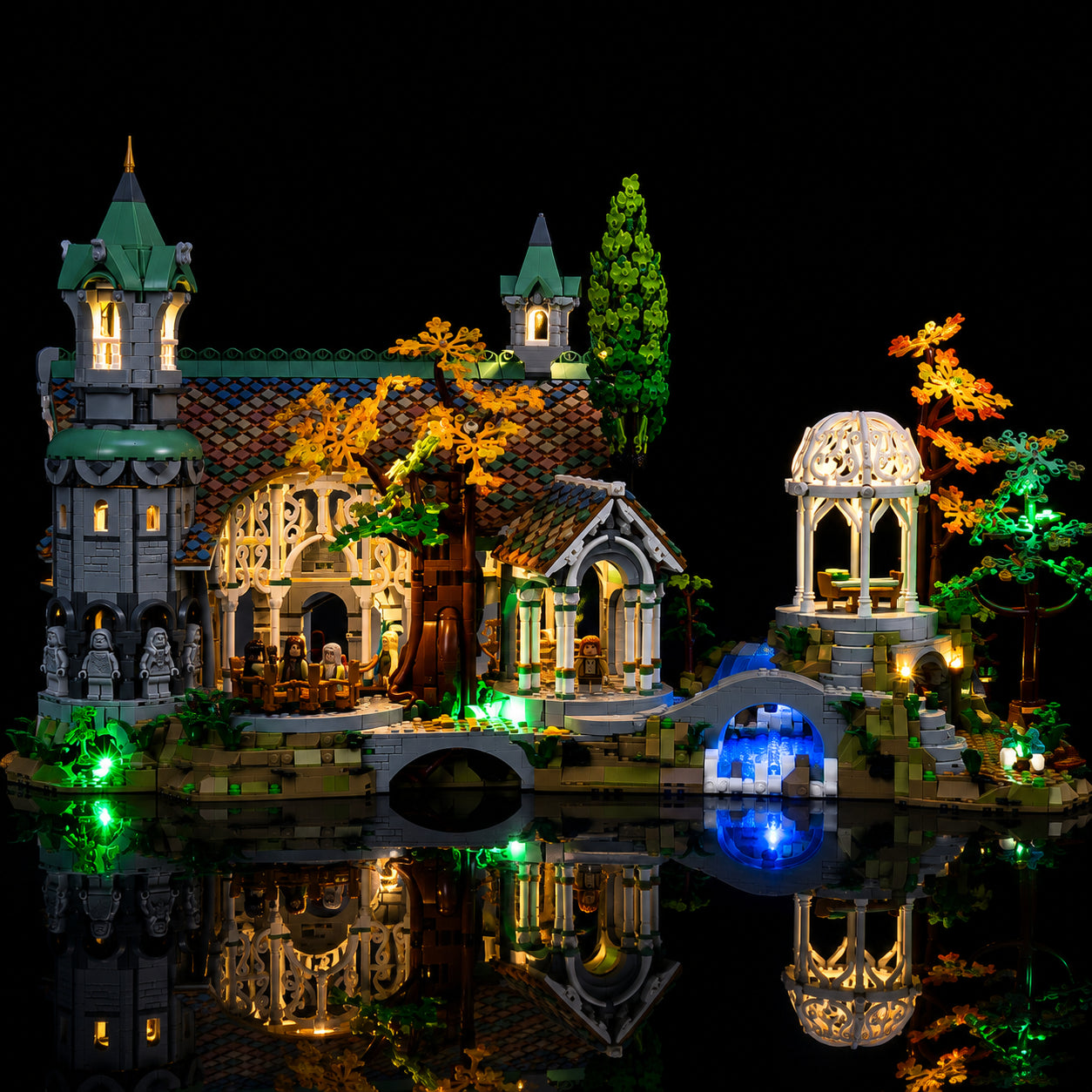 custom LED lighting for LEGO® The Lord Of The Rings: Rivendell #10316, display lighting in a dark room