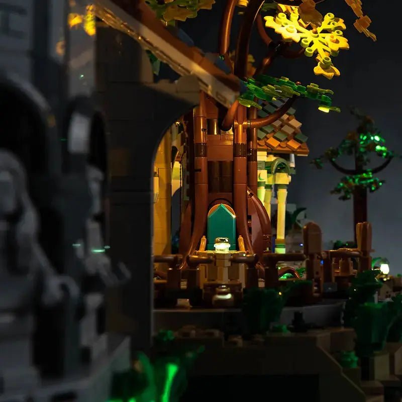 USB-powered LED light kit for LEGO® The Lord Of The Rings: Rivendell #10316, illuminated at night