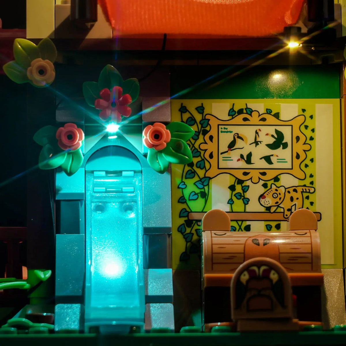 LEGO® The Magical Madrigal House #43245 — side angle with lights on (LED lights)